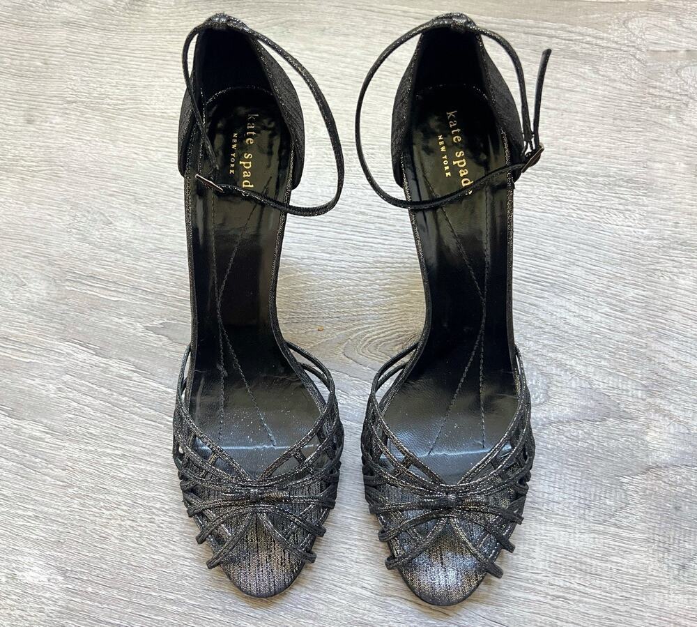 KATE SPADE Sz 10 Black Leather Strappy Heels Cage Peep Toe Ankle Strap Shoes